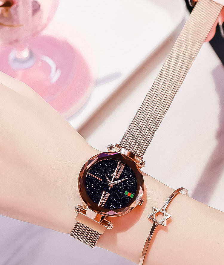 Women Luxury Watch Mesh Clock Magnet Buckle Starry Diamond