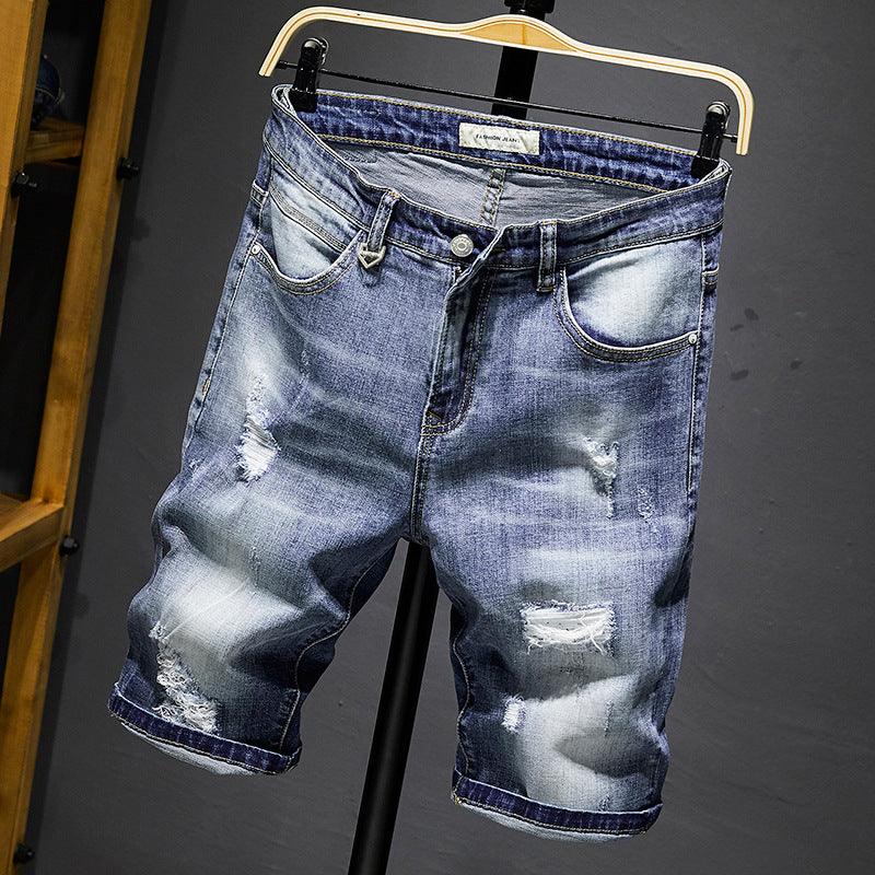 Summer new men's broken cave denim shorts male European and American trend pants men's short pants five points jeans male - Viva Vista Store