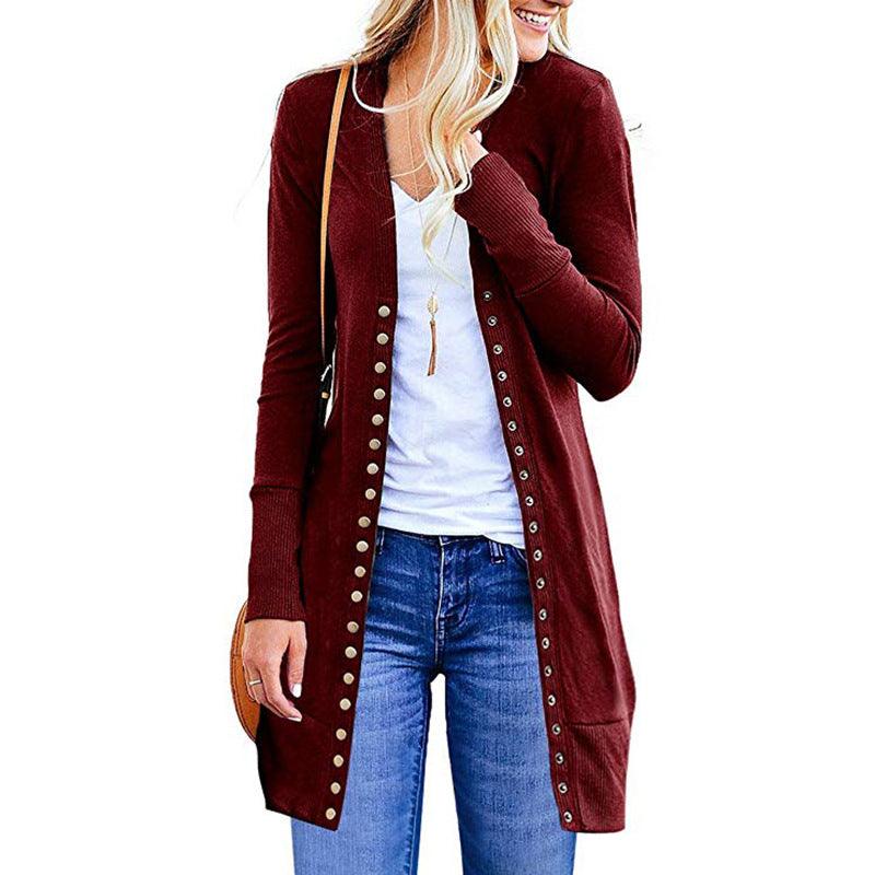 Autumn new Amazon hot Europe and the United States large size ladies fashion medium long button solid color cardigan jacket - Viva Vista Store