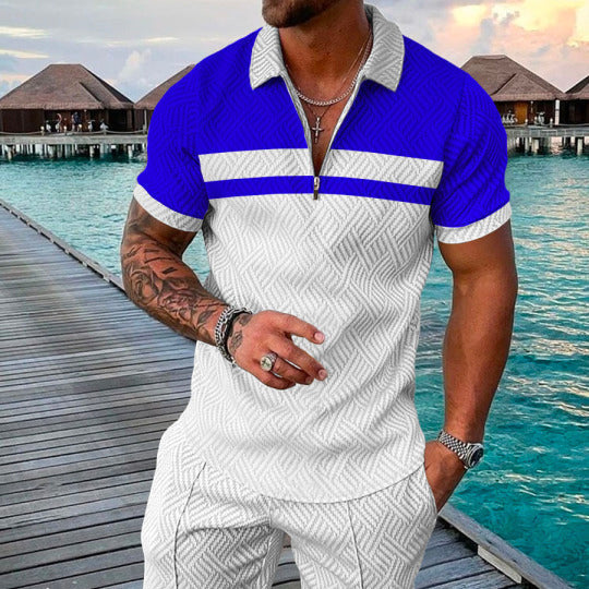 Men's Summer Fashion 3D Printed Short Sleeve Geometric Zip Lapel Shirt Set