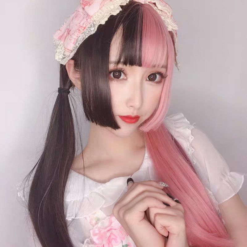 Yin Yang color wig female powder black double tried raw princess cut long straight hair personal handsome cosplay fake - Viva Vista Store