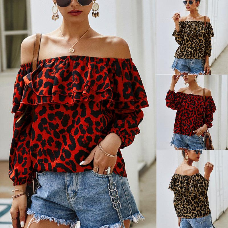 Original design European and American fashion elements leopard print one-shoulder top 2020 spring and summer new 7-point sleeve women's T-shirt - Viva Vista Store