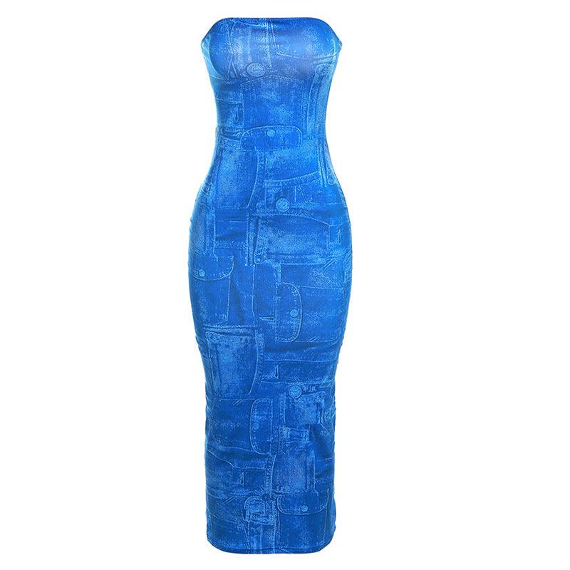 Robe coupe ajustée bandeau en denim imprimé 3D pour femmes