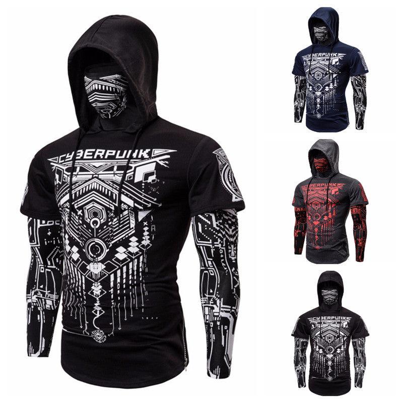 Cross-border European code elastic fitness men's fake two-piece cyberpunk ninja suit hooded sweater T-shirt mask riding - Viva Vista Store