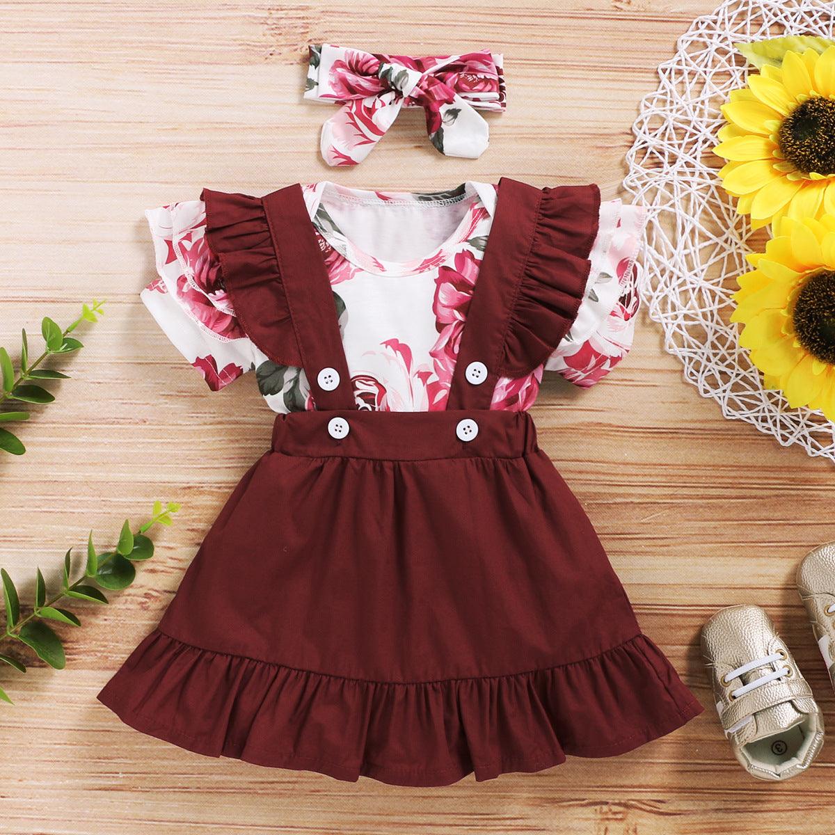 Girls spring and autumn skirt 2020 European and American new short-sleeved floral blouse + lace suspender skirt three-piece set - Viva Vista Store