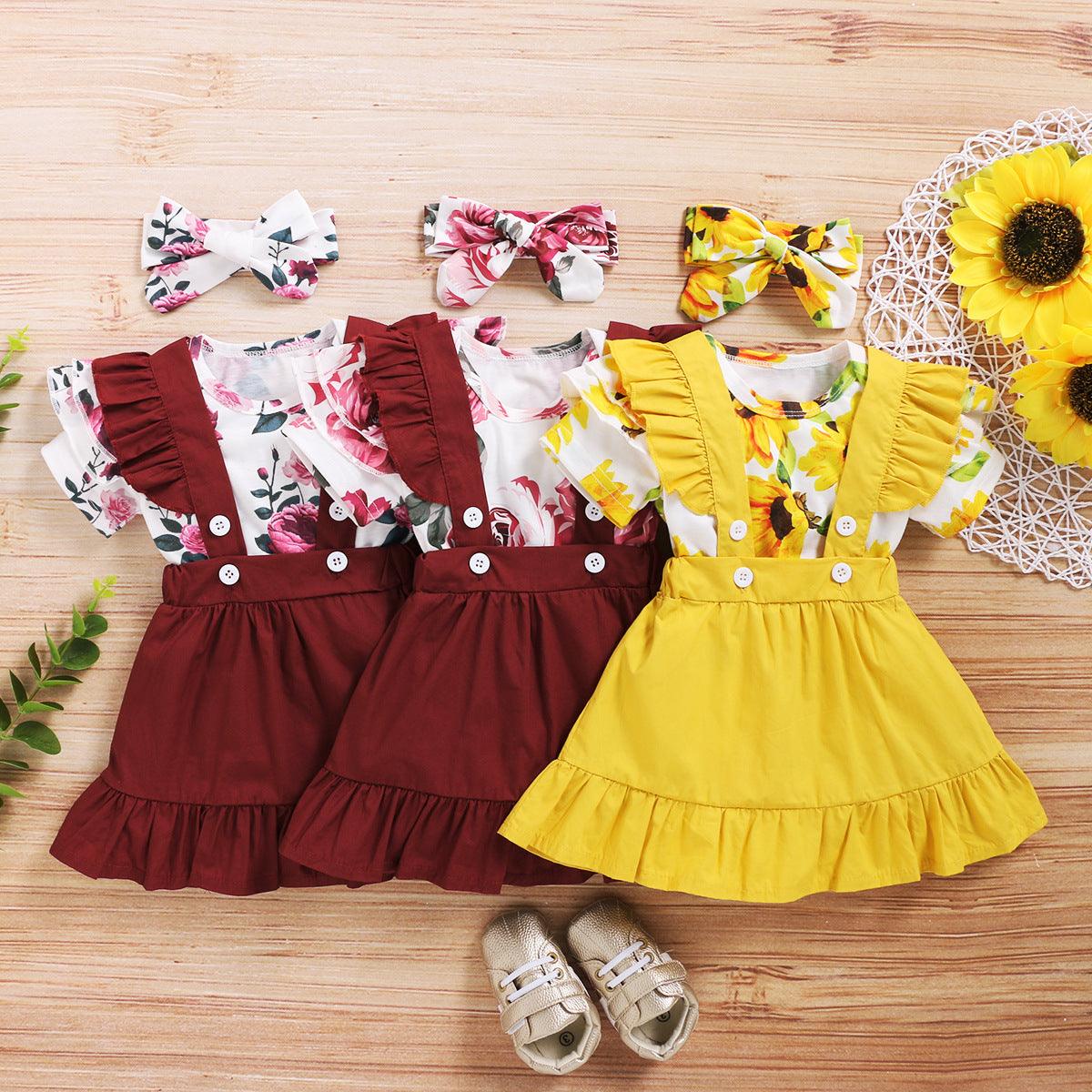 Girls spring and autumn skirt 2020 European and American new short-sleeved floral blouse + lace suspender skirt three-piece set - Viva Vista Store