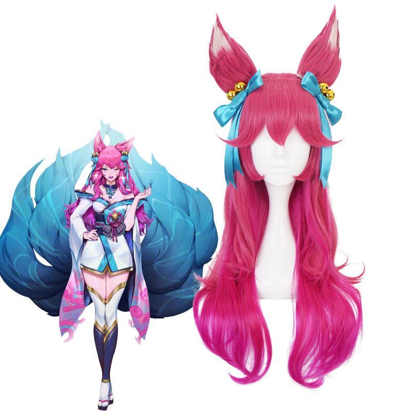 LOL Spirit Blossom Skin Ahri Wig 80cm Long Red Wavy Wigs with Headwear - Viva Vista Store