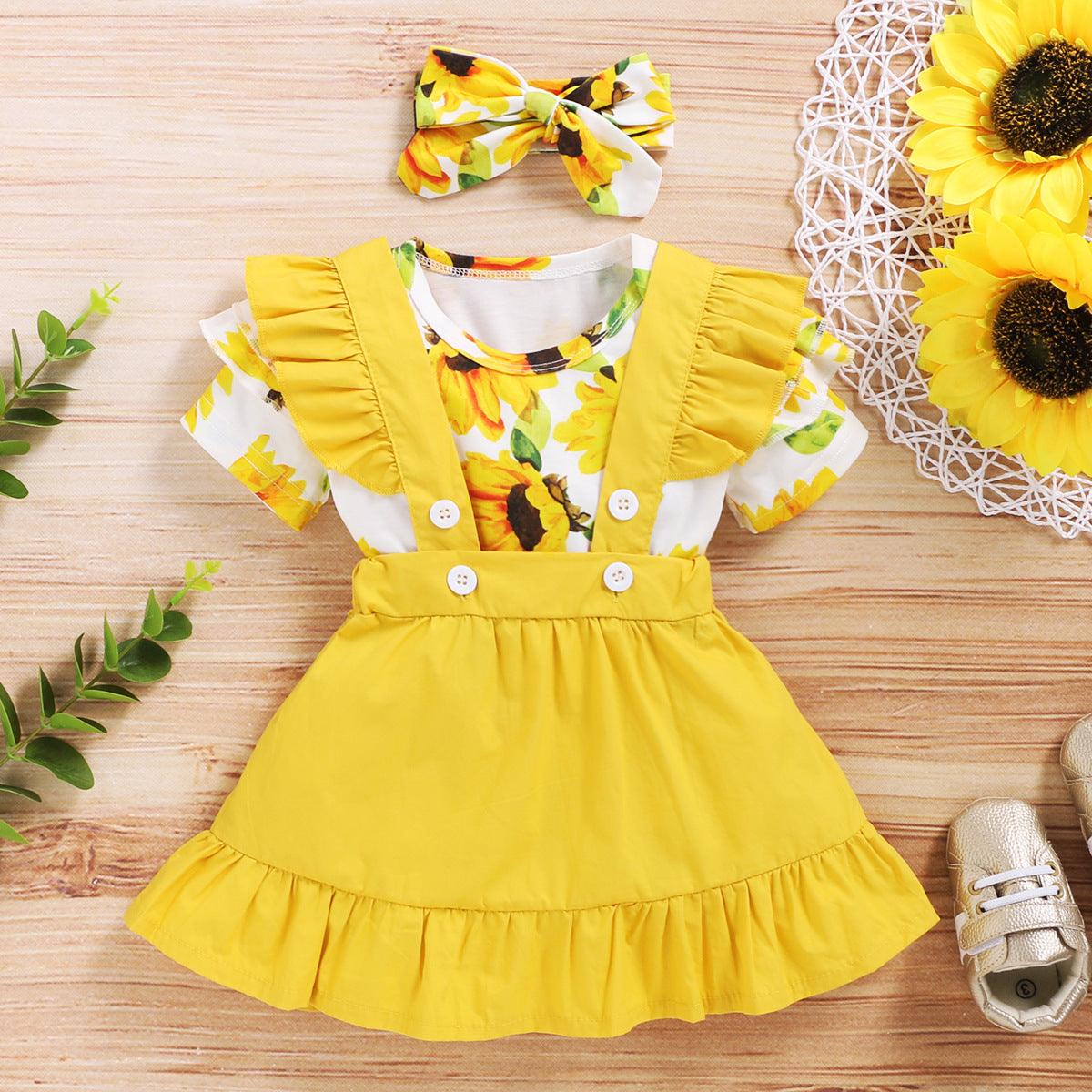 Girls spring and autumn skirt 2020 European and American new short-sleeved floral blouse + lace suspender skirt three-piece set - Viva Vista Store