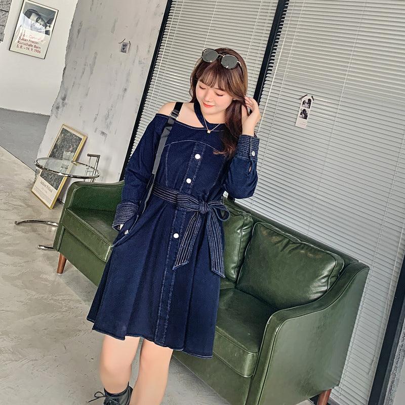 Shuangfu Korean version of the solid color plus fat large size women's autumn chubby mm light cooked new long-sleeved dress K315 - Viva Vista Store