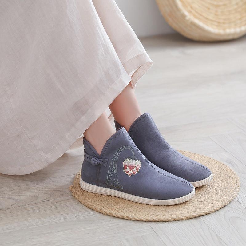 Autumn and winter new old Beijing cloth shoes women's national style cleans boots embroidery cotton boots ancient wind flat women single boots - Viva Vista Store