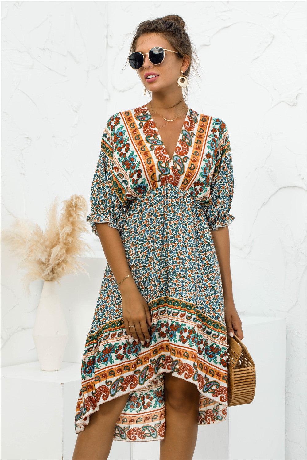 Printed Bohemian V Neck Dress - Viva Vista Store