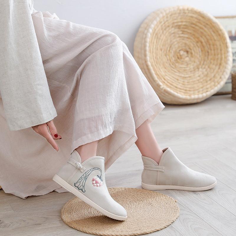 Autumn and winter new old Beijing cloth shoes women's national style cleans boots embroidery cotton boots ancient wind flat women single boots - Viva Vista Store