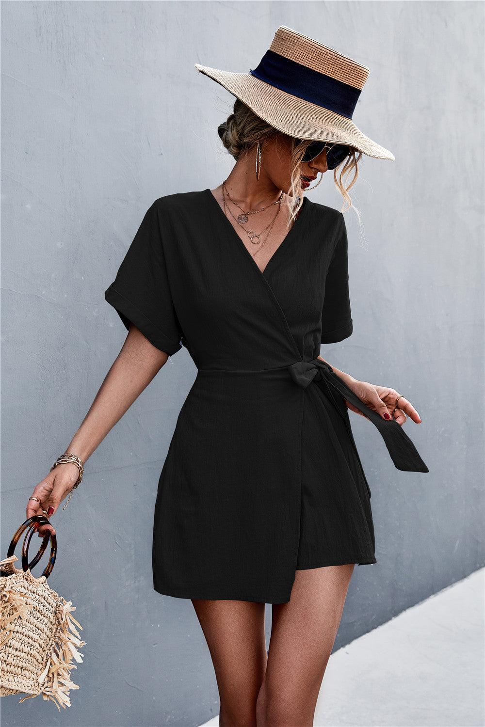 Tied Surplice Short Sleeve Romper - Viva Vista Store