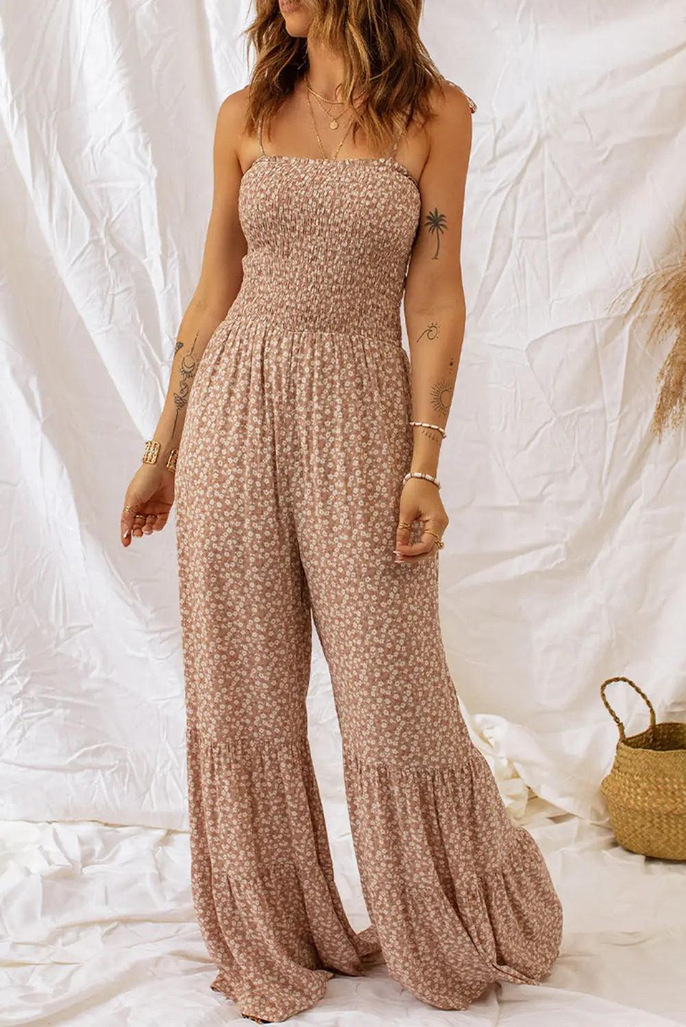 Khaki Floral Thin Straps Smocked Bodice Wide Leg Jumpsuit - Viva Vista Store