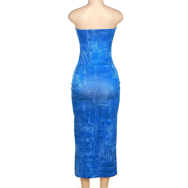 Robe coupe ajustée bandeau en denim imprimé 3D pour femmes