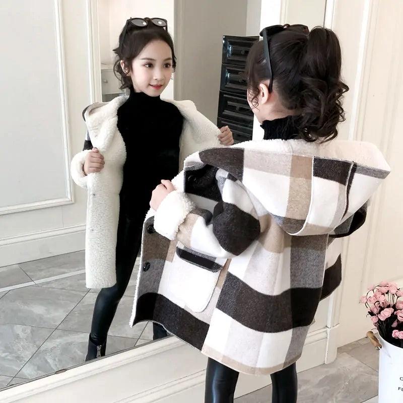 Girl's Plaid Thick Lamb Woolen Coat - Viva Vista Store