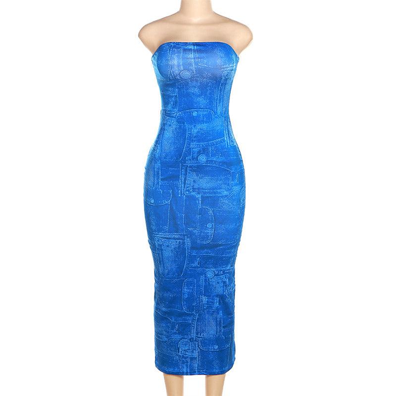 Robe coupe ajustée bandeau en denim imprimé 3D pour femmes