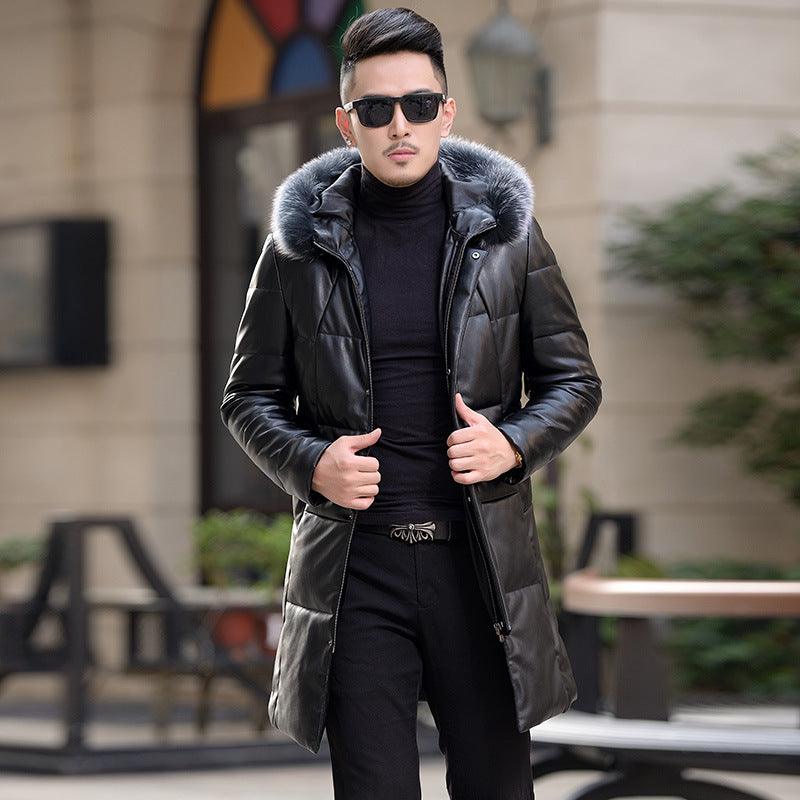 Winter new Haining leather down jacket men and long section hooded silver fox fur collar Korean version of the slim outer casing - Viva Vista Store