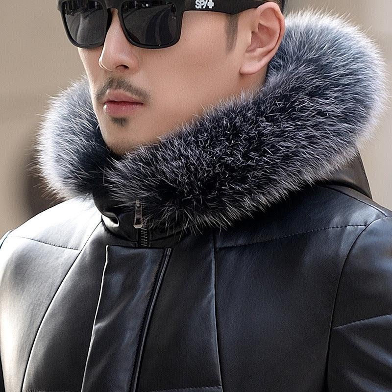 Winter new Haining leather down jacket men and long section hooded silver fox fur collar Korean version of the slim outer casing - Viva Vista Store