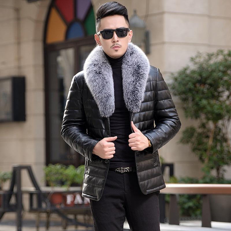 Winter new Haining leather down jacket men and silver fox hair collar Korean version of the long section of the slid jacket coat - Viva Vista Store