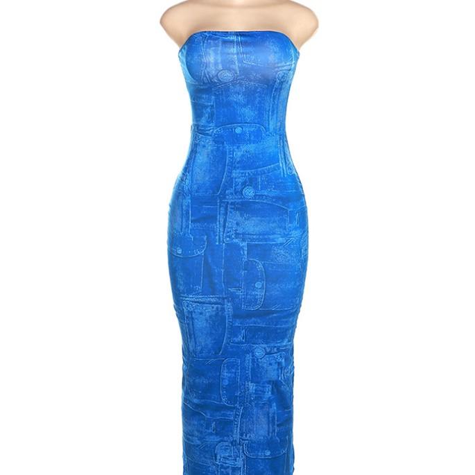 Robe coupe ajustée bandeau en denim imprimé 3D pour femmes