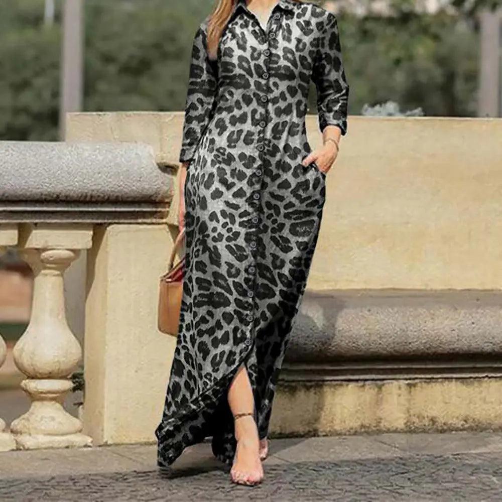 Popular Women's Long Sleeve Leopard Print Shirt Long Dress - Viva Vista Store