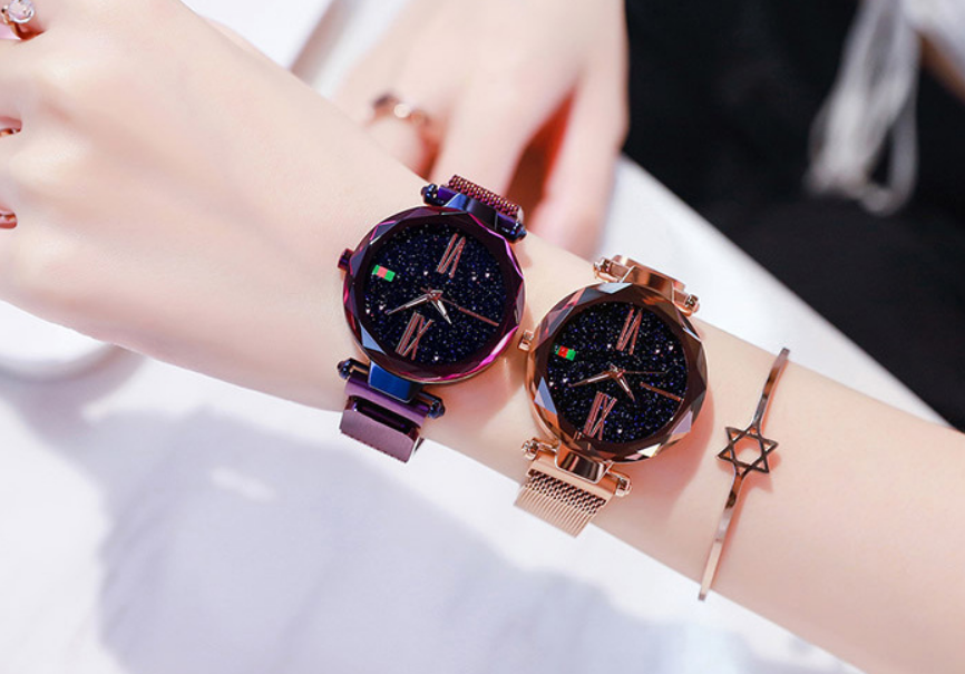 Women Luxury Watch Mesh Clock Magnet Buckle Starry Diamond