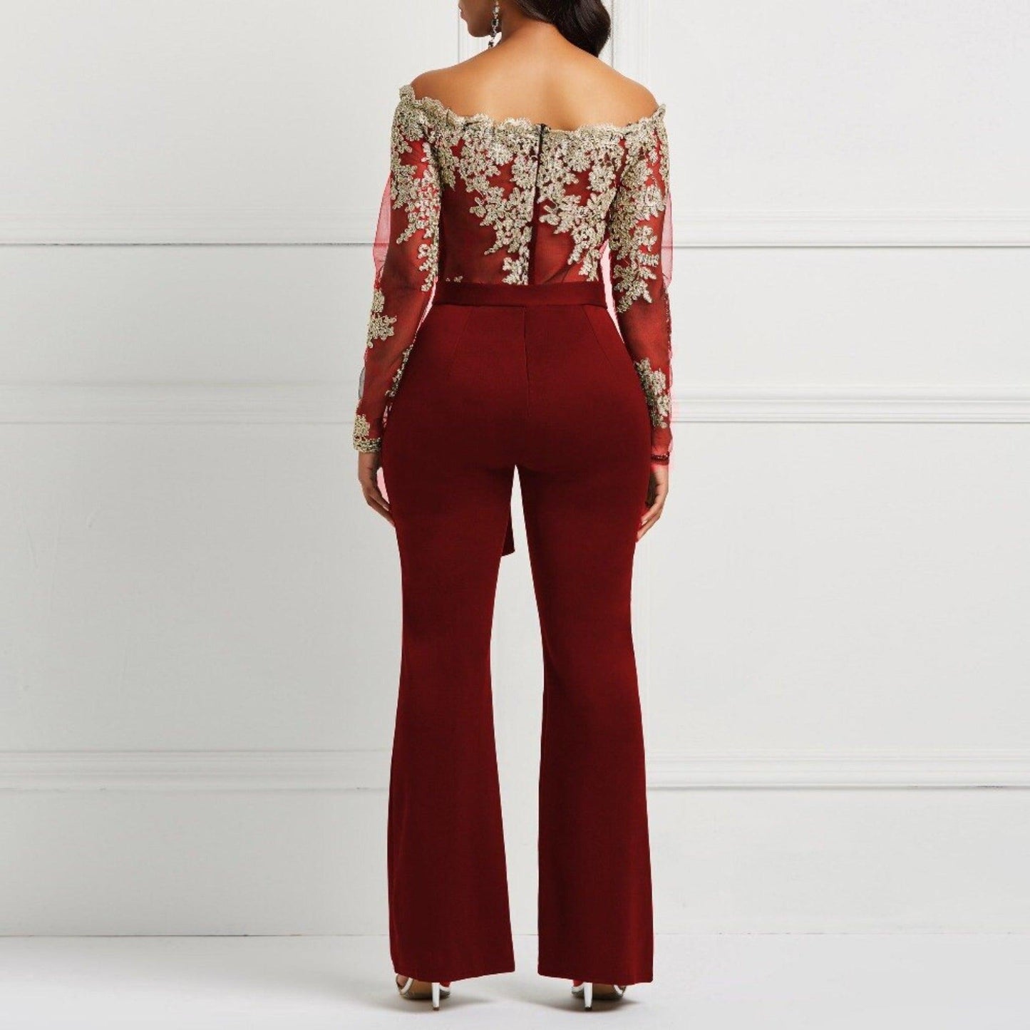 Long Sleeve Off Shoulder Dressy Jumpsuit - Viva Vista Store