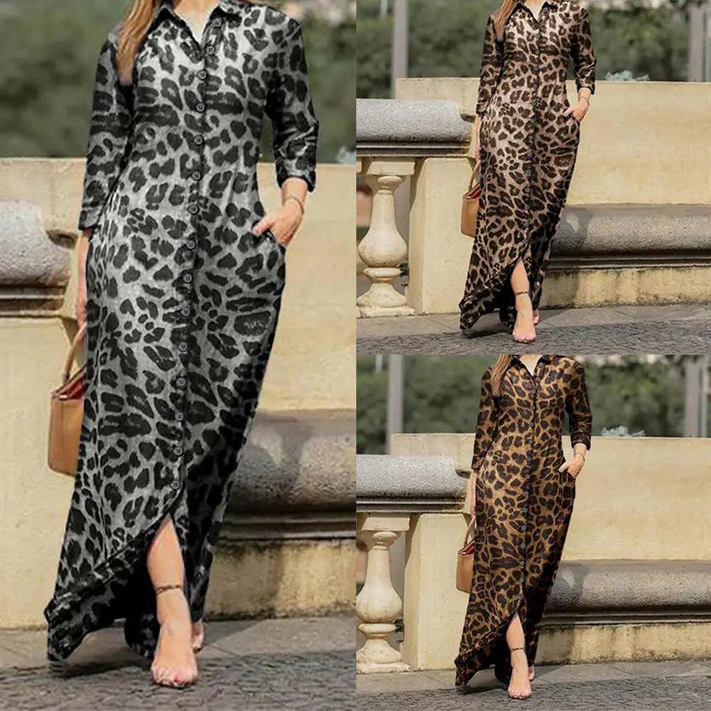 Popular Women's Long Sleeve Leopard Print Shirt Long Dress - Viva Vista Store