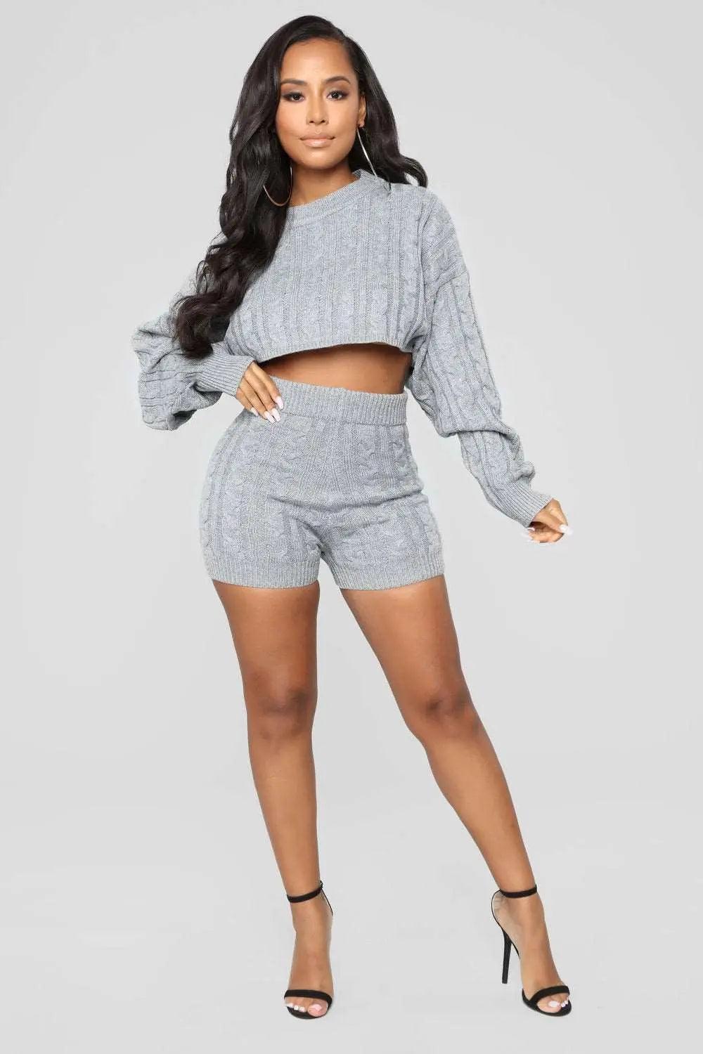 2 Piece Set Women Long Sleeve Crop Tops Bodycon - Viva Vista Store