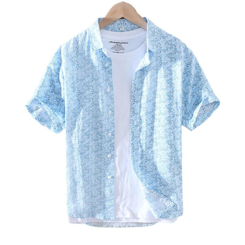 New Men's Slim Fit Japanese Fashion Print Cotton Linen Casual Tops with Turn-down Collar and Short Sleeves for Summer - Viva Vista Store