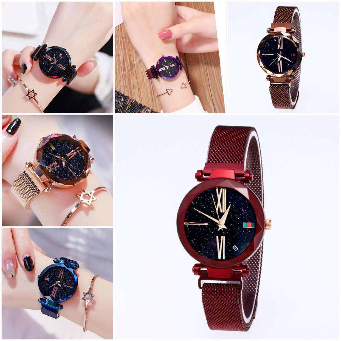 Women Luxury Watch Mesh Clock Magnet Buckle Starry Diamond