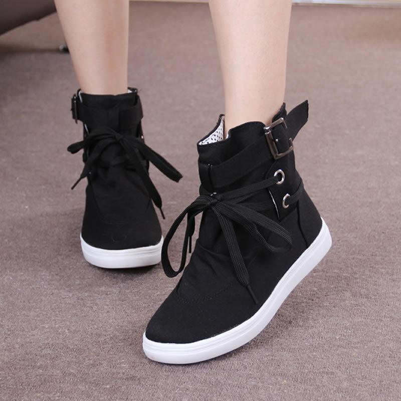 Women's boots high shoes canvas shoes round head belt students flat casual women's shoes - Viva Vista Store