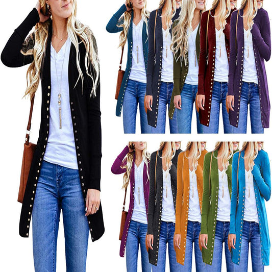 Autumn new Amazon hot Europe and the United States large size ladies fashion medium long button solid color cardigan jacket - Viva Vista Store