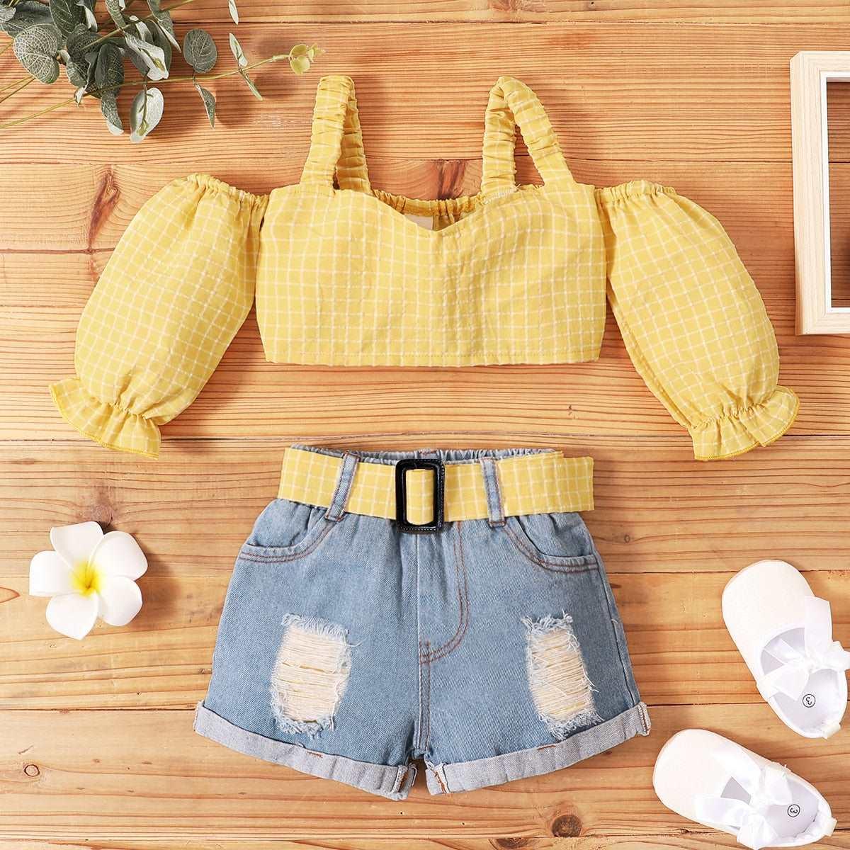 2pcs Off Shoulder  T Shirts Tops Denim Belt Shorts