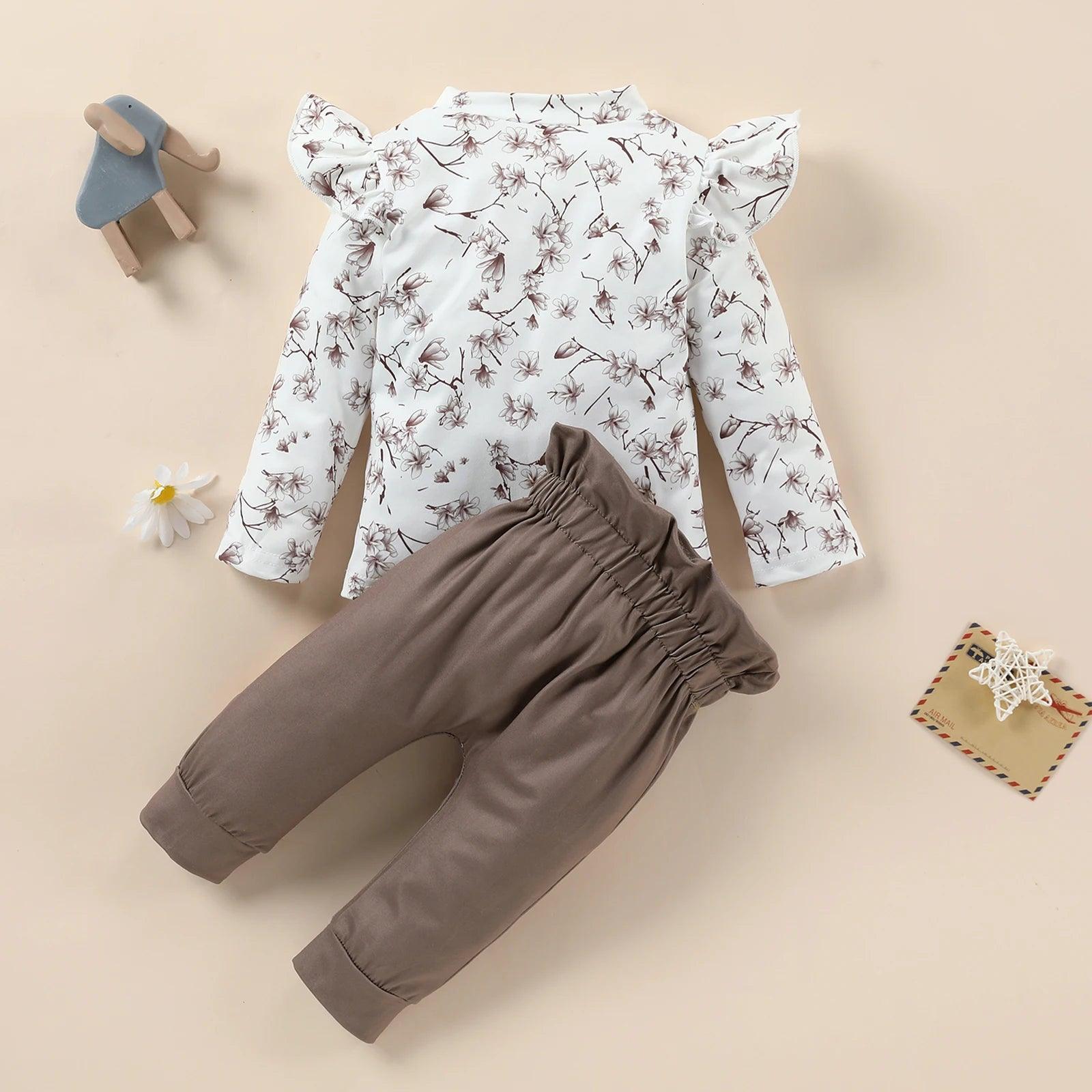 Newborn Baby Girl Clothes Set Fashion Floral Long Sleeve Pullover Top Solid Bow Long Pants Toddler Infant Autumn Outfit - Viva Vista Store