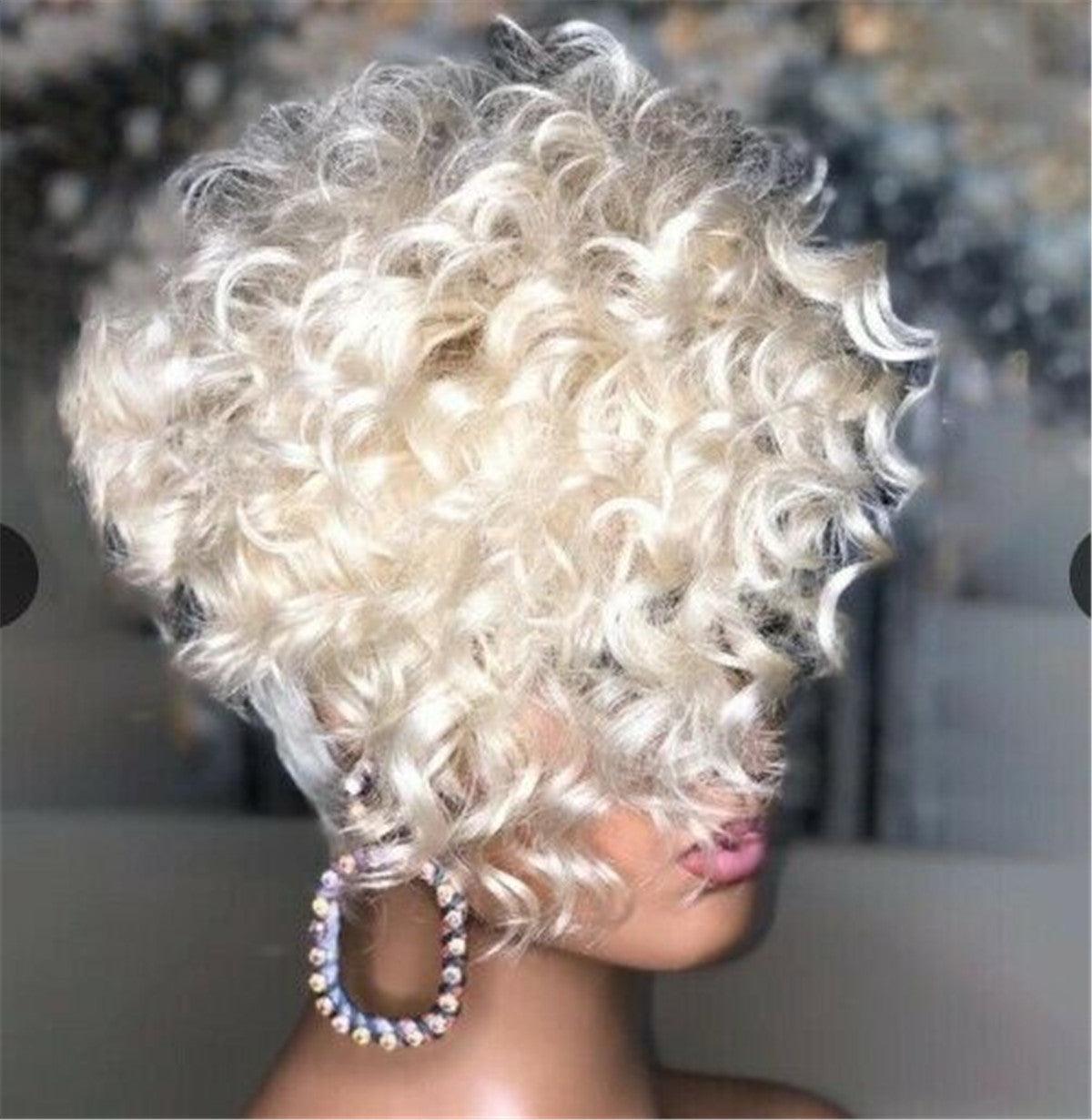 Short Platinum Blond Afro Curly Wave Pixie Cut Wig Synthetic Hair for Women Dress Party Full Wig - Viva Vista Store