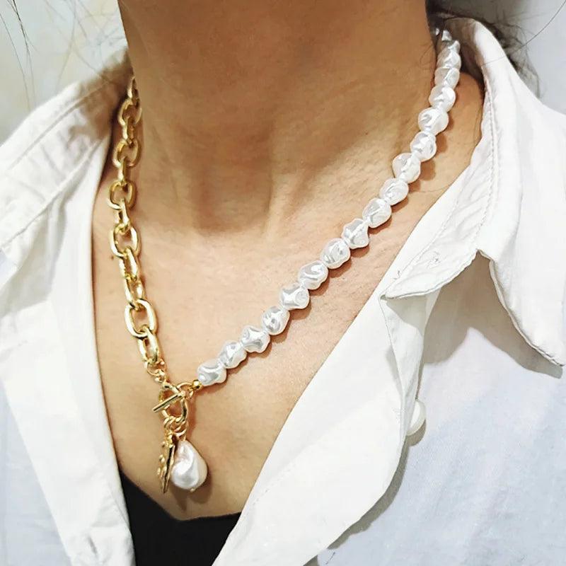 KMVEXO Vintage Baroque Irregular Pearl Lock Chains Necklace 2020 Geometric Aangel Pendant Love Necklaces for Women Punk Jewelry - Viva Vista Store