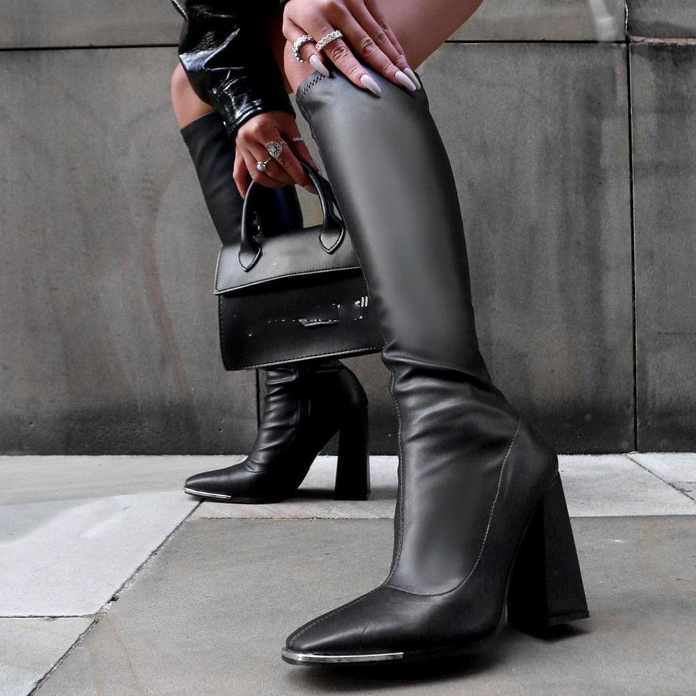 Female Chelsea Boots Metal Design 2021 Hot Sale Fashion Brand Knee High Boots For Women High Qulaity Chunky Heel women's Shoes - Viva Vista Store