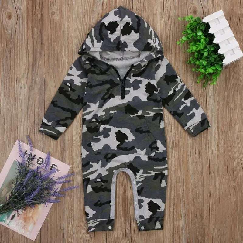 0-24M Baby Newborn Baby Camo Long Sleeve Romper Infant Jumpsuit Boy Hooded Boy Camouflage Romper Boys Outfit Warm Spring Autumn