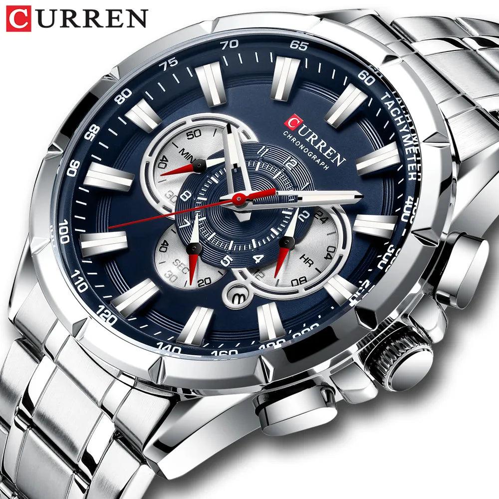 CURREN New Casual Sport Chronograph Men's Watches Stainless Steel Band Wristwatch Big Dial Quartz Clock with Luminous Pointers - Viva Vista Store