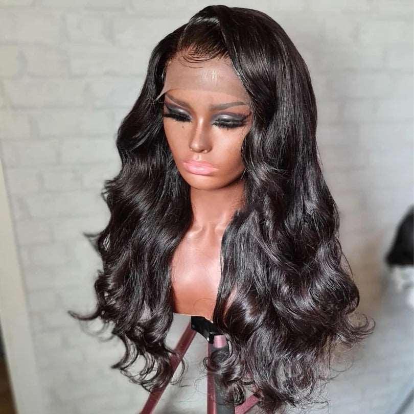 26Inch Long Body Wave Synthetic Lace Front Wigs For Black Women Preplucked Heat Resistant Daily Wear Fiber Glueless180%Density