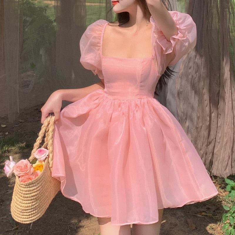 Geumxl Woman Sweet Pink Fairy Dress 2022 Summer Vintage Elegant Square Collar Puff Sleeve Ball Gown Robe Korean Mini Princess Vestidos 0719 - Viva Vista Store