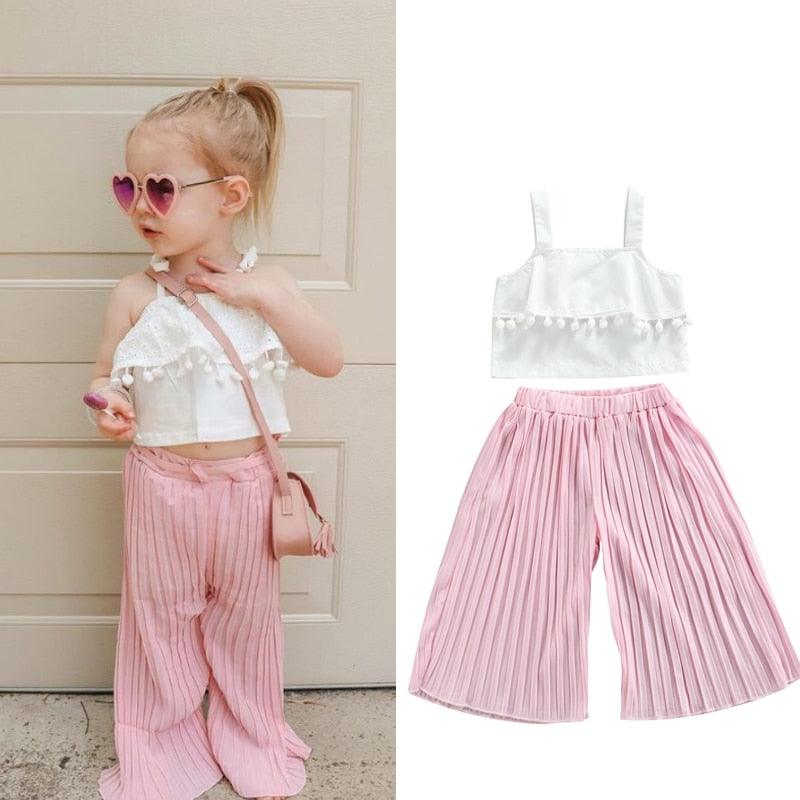 Summer girls children's summer suits wide-leg pants mesh two-piece fashion pure cotton middle-aged children's casual fashion - Viva Vista Store