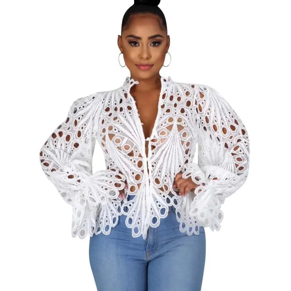 2021 New Elegant Long Sleeve Hollow Out Mesh Lace Shirt Sheer See Through Top Blouse Clothing Dashiki African Shirts For Women - Viva Vista Store