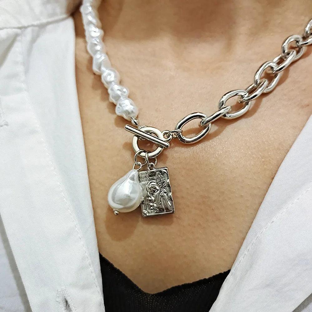 KMVEXO Vintage Baroque Irregular Pearl Lock Chains Necklace 2020 Geometric Aangel Pendant Love Necklaces for Women Punk Jewelry - Viva Vista Store