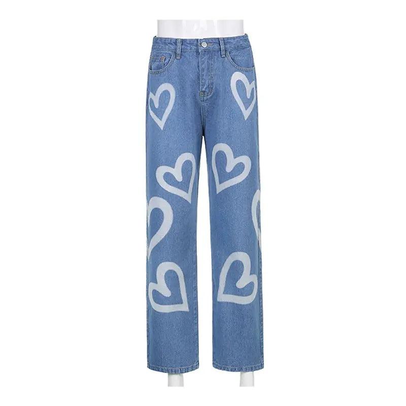 Vintage Heart Printed Y2K Baggy Jeans - Viva Vista Store