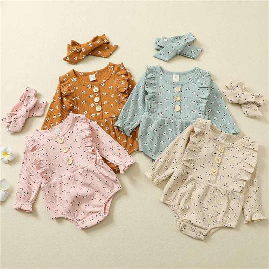 4 Colors Baby Girls Rompers Autumn Winter Newborn Infant Princess Girls Knitted Floral Ruffles Rompers Jumpsuits Headband 2pcs