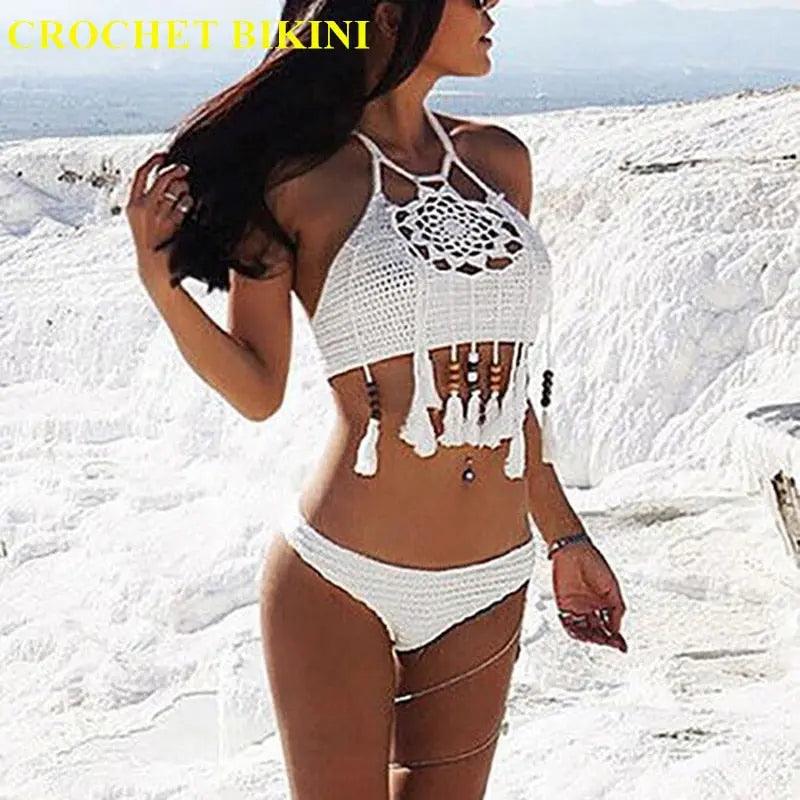 CROCHET BIKINI Sexy Halter Tie Knitting New Beach Swimwear Halter Beaded Tassel Crop Top Brazil Bikini Swimsuit Bathing Suit - Viva Vista Store