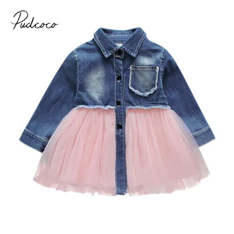 Children Summer Clothing Toddler Baby Girls Denim Dress Long Sleeve Party Casual Tutu Chiffon Patchwork Kids Dresses 6M-4T - Viva Vista Store